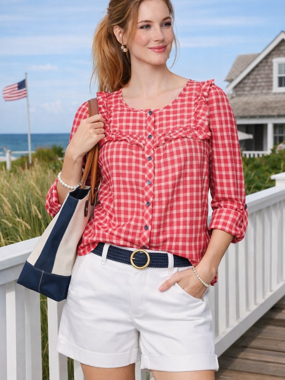 Anthropologie Gingham Ruffle Button Down Shirt Blouse Size 2 Red Holding Horses